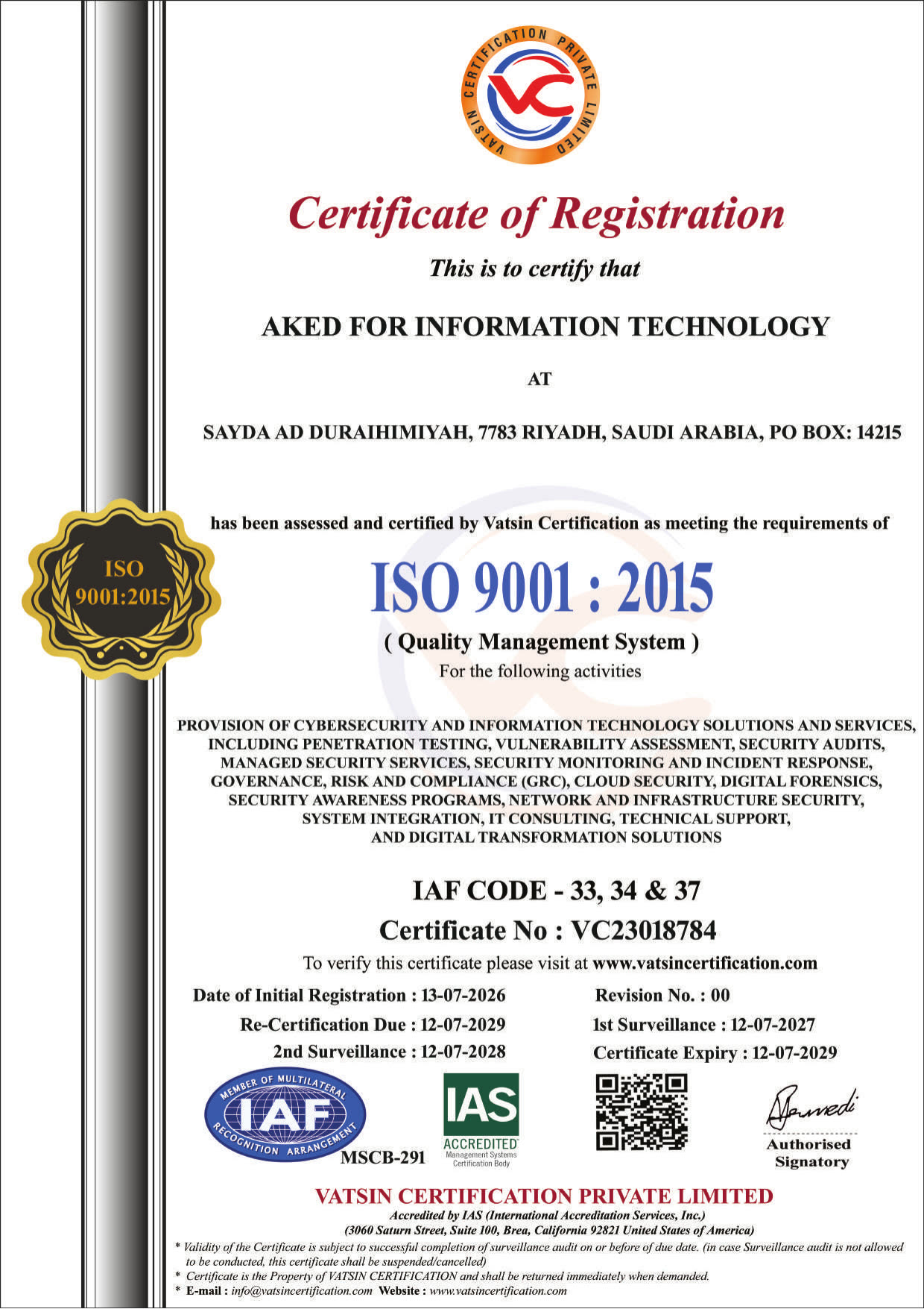 ISO 9001:2015 certificate — Quality Management System